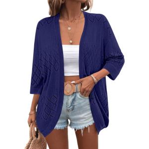 imageZeagoo Womens 2025 Lightweight Crochet Cardigan Sweaters Open Front 34 Sleeve Knit Kimono Summer Boho Cover UpDark Blue