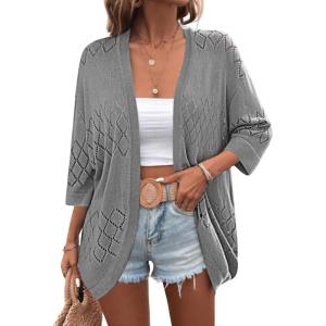imageZeagoo Womens 2025 Lightweight Crochet Cardigan Sweaters Open Front 34 Sleeve Knit Kimono Summer Boho Cover UpGrey
