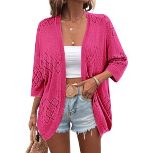 imageZeagoo Womens 2025 Lightweight Crochet Cardigan Sweaters Open Front 34 Sleeve Knit Kimono Summer Boho Cover UpHot Pink