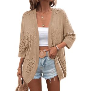imageZeagoo Womens 2025 Lightweight Crochet Cardigan Sweaters Open Front 34 Sleeve Knit Kimono Summer Boho Cover UpKhaki