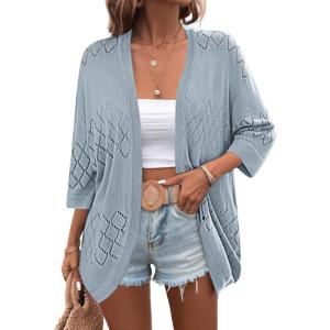 imageZeagoo Womens 2025 Lightweight Crochet Cardigan Sweaters Open Front 34 Sleeve Knit Kimono Summer Boho Cover UpLight Blue