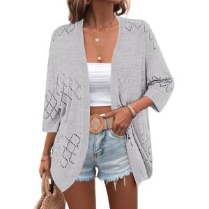 imageZeagoo Womens 2025 Lightweight Crochet Cardigan Sweaters Open Front 34 Sleeve Knit Kimono Summer Boho Cover UpLight Grey