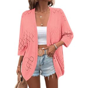 imageZeagoo Womens 2025 Lightweight Crochet Cardigan Sweaters Open Front 34 Sleeve Knit Kimono Summer Boho Cover UpPink
