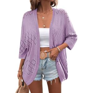 imageZeagoo Womens 2025 Lightweight Crochet Cardigan Sweaters Open Front 34 Sleeve Knit Kimono Summer Boho Cover UpPurple