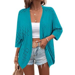 imageZeagoo Womens 2025 Lightweight Crochet Cardigan Sweaters Open Front 34 Sleeve Knit Kimono Summer Boho Cover UpTeal