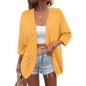 imageZeagoo Womens 2025 Lightweight Crochet Cardigan Sweaters Open Front 34 Sleeve Knit Kimono Summer Boho Cover UpYellow