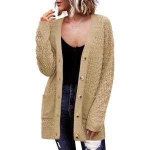 imageZeagoo Womens 2025 Long Sleeve Chunky Cable Knit Fall Cardigans Sweaters Button Down Open Front Outerwear with PocketsBeige