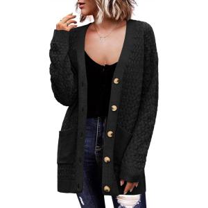 imageZeagoo Womens 2025 Long Sleeve Chunky Cable Knit Fall Cardigans Sweaters Button Down Open Front Outerwear with PocketsBlack