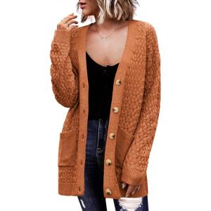imageZeagoo Womens 2025 Long Sleeve Chunky Cable Knit Fall Cardigans Sweaters Button Down Open Front Outerwear with PocketsBrown