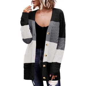 imageZeagoo Womens 2025 Long Sleeve Chunky Cable Knit Fall Cardigans Sweaters Button Down Open Front Outerwear with PocketsColorblock 960