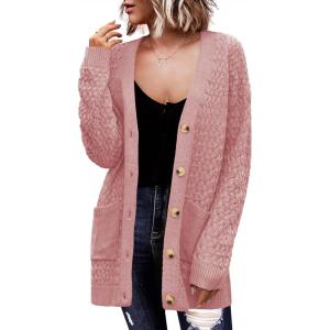 imageZeagoo Womens 2025 Long Sleeve Chunky Cable Knit Fall Cardigans Sweaters Button Down Open Front Outerwear with PocketsPink