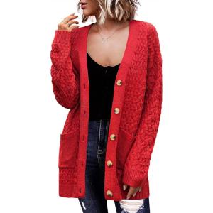 imageZeagoo Womens 2025 Long Sleeve Chunky Cable Knit Fall Cardigans Sweaters Button Down Open Front Outerwear with PocketsRed
