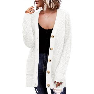 imageZeagoo Womens 2025 Long Sleeve Chunky Cable Knit Fall Cardigans Sweaters Button Down Open Front Outerwear with PocketsWhite