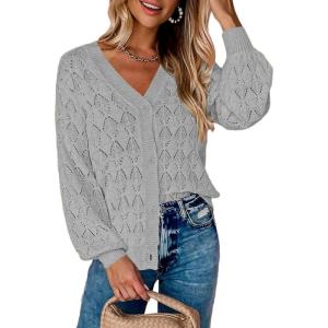 imageZeagoo Womens Lightweight Crochet Cropped Cardigan 2024 V Neck Long Sleeve Button up Bolero Shrug SweaterLight Grey