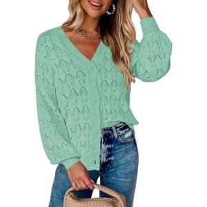 imageZeagoo Womens Lightweight Crochet Cropped Cardigan 2024 V Neck Long Sleeve Button up Bolero Shrug SweaterMint Green