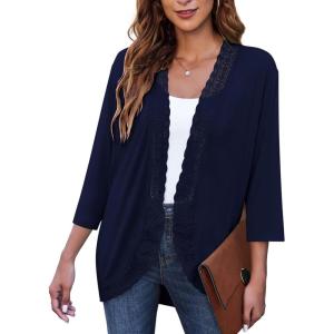 imageZeagoo Womens Open Front Cardigans Lightweight 34 Sleeve Lace Kimono Soft Draped Cover UpsNavy Blue