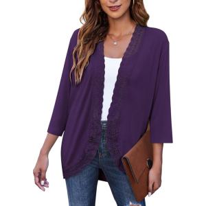 imageZeagoo Womens Open Front Cardigans Lightweight 34 Sleeve Lace Kimono Soft Draped Cover UpsPurple