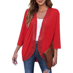 imageZeagoo Womens Open Front Cardigans Lightweight 34 Sleeve Lace Kimono Soft Draped Cover UpsRed