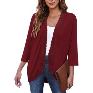 imageZeagoo Womens Open Front Cardigans Lightweight 34 Sleeve Lace Kimono Soft Draped Cover UpsWine Red