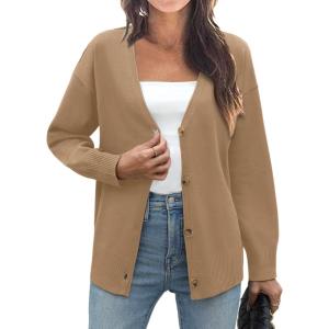 imageZeagoo Womens Oversized Button Cardigan Sweaters 2024 Fall Open Front Lightweight Cardigans V Neck Loose Knit OutwearKhaki