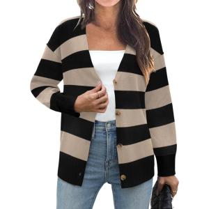 imageZeagoo Womens Oversized Button Cardigan Sweaters 2024 Fall Open Front Lightweight Cardigans V Neck Loose Knit OutwearStripes Black  Apricot