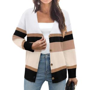 imageZeagoo Womens Oversized Button Cardigan Sweaters 2024 Fall Open Front Lightweight Cardigans V Neck Loose Knit OutwearWide Striped Khaki