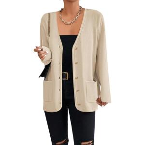 imageZeagoo Womens V Neck Button Long Cardigan Sweater Casual 2024 Fall Knit Sweater Blazer with PocketsApricot