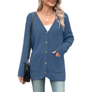 imageZeagoo Womens V Neck Button Long Cardigan Sweater Casual 2024 Fall Knit Sweater Blazer with PocketsBlue