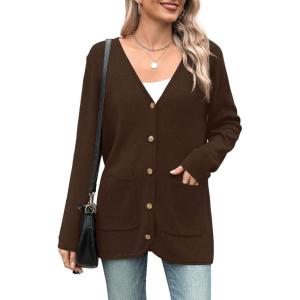 imageZeagoo Womens V Neck Button Long Cardigan Sweater Casual 2024 Fall Knit Sweater Blazer with PocketsBrown