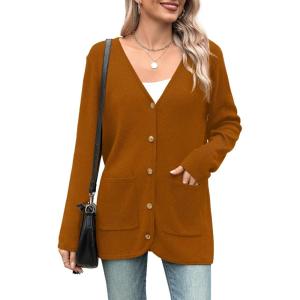 imageZeagoo Womens V Neck Button Long Cardigan Sweater Casual 2024 Fall Knit Sweater Blazer with PocketsCaramel