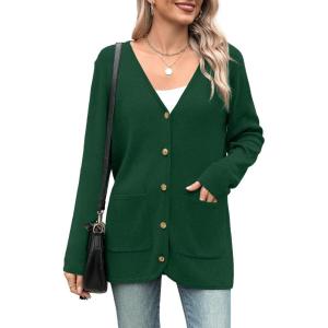 imageZeagoo Womens V Neck Button Long Cardigan Sweater Casual 2024 Fall Knit Sweater Blazer with PocketsDeep Green