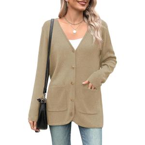 imageZeagoo Womens V Neck Button Long Cardigan Sweater Casual 2024 Fall Knit Sweater Blazer with PocketsKhaki