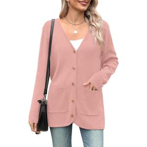 imageZeagoo Womens V Neck Button Long Cardigan Sweater Casual 2024 Fall Knit Sweater Blazer with PocketsPink