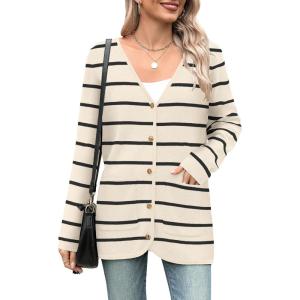 imageZeagoo Womens V Neck Button Long Cardigan Sweater Casual 2024 Fall Knit Sweater Blazer with PocketsStripe Apricot