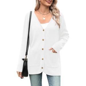 imageZeagoo Womens V Neck Button Long Cardigan Sweater Casual 2024 Fall Knit Sweater Blazer with PocketsWhite