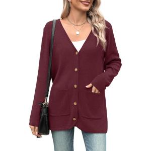 imageZeagoo Womens V Neck Button Long Cardigan Sweater Casual 2024 Fall Knit Sweater Blazer with PocketsWine Red