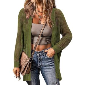 imageZeagoo Women 2025 Lightweight Crochet Cardigan Long Sleeve Open Front Knit Sweater Summer Kimono Cover Up with PocketsArmy Green