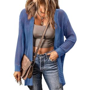 imageZeagoo Women 2025 Lightweight Crochet Cardigan Long Sleeve Open Front Knit Sweater Summer Kimono Cover Up with PocketsBlue