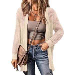 imageZeagoo Women 2025 Lightweight Crochet Cardigan Long Sleeve Open Front Knit Sweater Summer Kimono Cover Up with PocketsKhaki