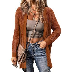 imageZeagoo Women 2025 Lightweight Crochet Cardigan Long Sleeve Open Front Knit Sweater Summer Kimono Cover Up with PocketsLight Brown