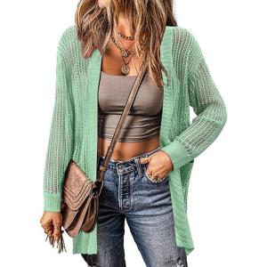 imageZeagoo Women 2025 Lightweight Crochet Cardigan Long Sleeve Open Front Knit Sweater Summer Kimono Cover Up with PocketsLight Green