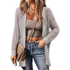 imageZeagoo Women 2025 Lightweight Crochet Cardigan Long Sleeve Open Front Knit Sweater Summer Kimono Cover Up with PocketsLight Grey