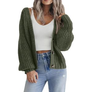 imageZeagoo Womens 2025 Fall Chunky Knit Cardigans Open Front Long Sleeve V Neck Button Loose Cardigan SweatersArmy Green