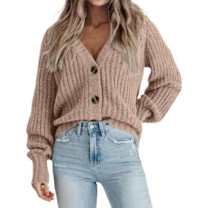 imageZeagoo Womens 2025 Fall Chunky Knit Cardigans Open Front Long Sleeve V Neck Button Loose Cardigan SweatersBkhaki