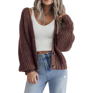 imageZeagoo Womens 2025 Fall Chunky Knit Cardigans Open Front Long Sleeve V Neck Button Loose Cardigan SweatersBrown