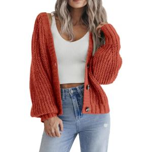 imageZeagoo Womens 2025 Fall Chunky Knit Cardigans Open Front Long Sleeve V Neck Button Loose Cardigan SweatersCaramel