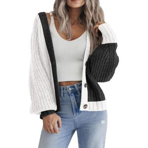 imageZeagoo Womens 2025 Fall Chunky Knit Cardigans Open Front Long Sleeve V Neck Button Loose Cardigan SweatersColorblockblack