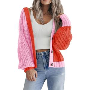 imageZeagoo Womens 2025 Fall Chunky Knit Cardigans Open Front Long Sleeve V Neck Button Loose Cardigan SweatersColorblockorange