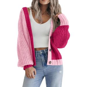 imageZeagoo Womens 2025 Fall Chunky Knit Cardigans Open Front Long Sleeve V Neck Button Loose Cardigan SweatersColorblockrose Red