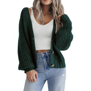 imageZeagoo Womens 2025 Fall Chunky Knit Cardigans Open Front Long Sleeve V Neck Button Loose Cardigan SweatersDark Green